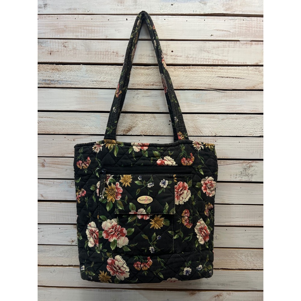 Vintage Meredith Baxter Black Cotton Quilted Floral Tote Bag Cottagecore 90s
